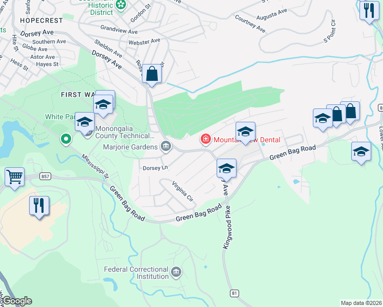 map of restaurants, bars, coffee shops, grocery stores, and more near 1305 Dorsey Avenue in Morgantown
