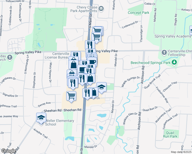 map of restaurants, bars, coffee shops, grocery stores, and more near 55 Skeeter Lane in Dayton