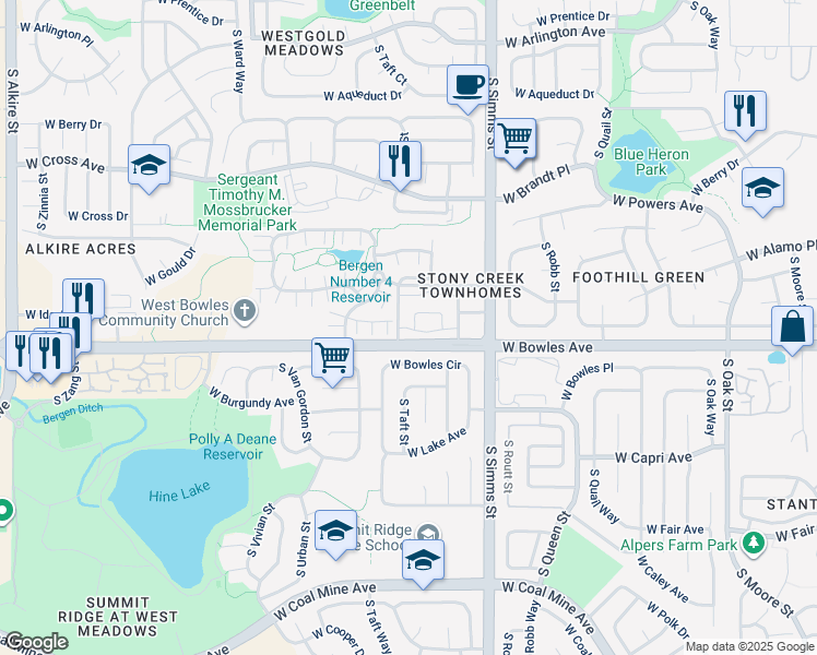 map of restaurants, bars, coffee shops, grocery stores, and more near 5842 South Taft Street in Littleton