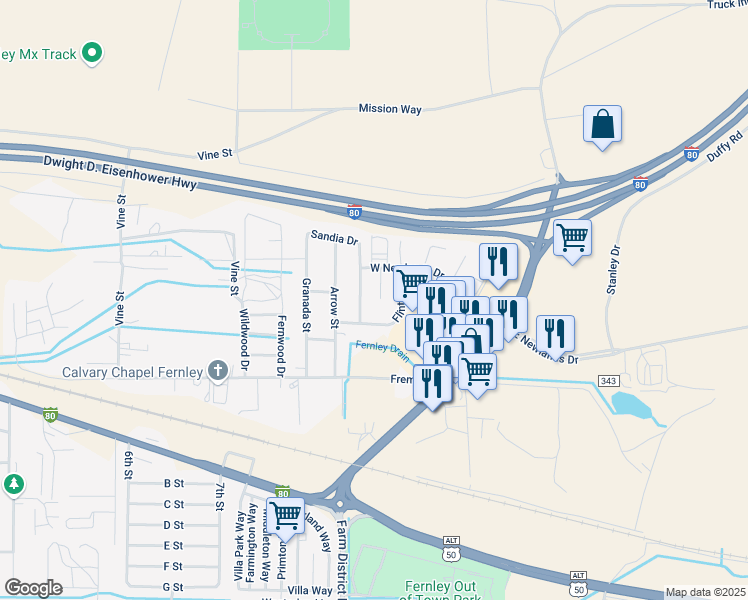 map of restaurants, bars, coffee shops, grocery stores, and more near 270 Sandia Drive in Fernley