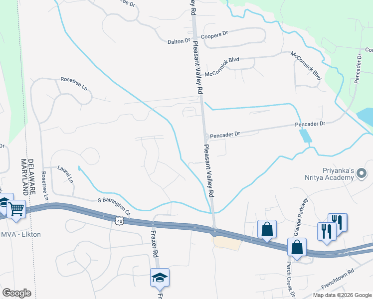 map of restaurants, bars, coffee shops, grocery stores, and more near 2273 Pleasant Valley Road in Newark