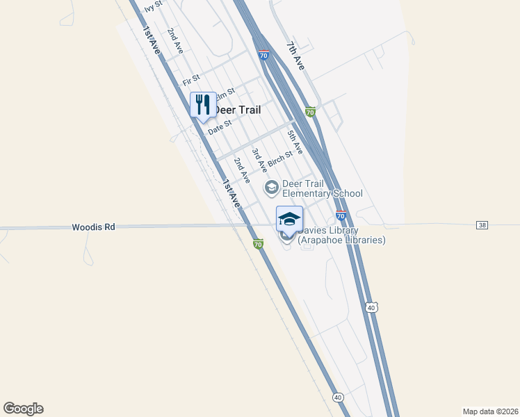 map of restaurants, bars, coffee shops, grocery stores, and more near 293 2nd Avenue in Deer Trail