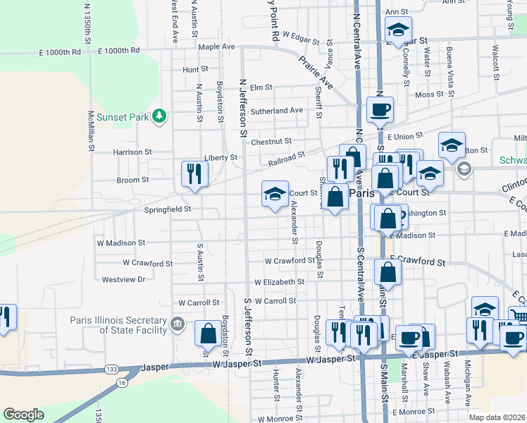 map of restaurants, bars, coffee shops, grocery stores, and more near 437 West Washington Street in Paris