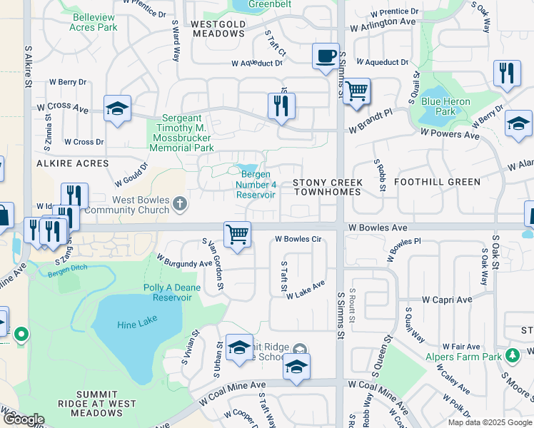 map of restaurants, bars, coffee shops, grocery stores, and more near 12005 West Ida Drive in Littleton
