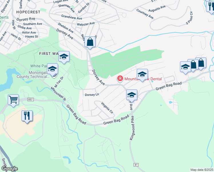 map of restaurants, bars, coffee shops, grocery stores, and more near 1305 Dorsey Avenue in Morgantown