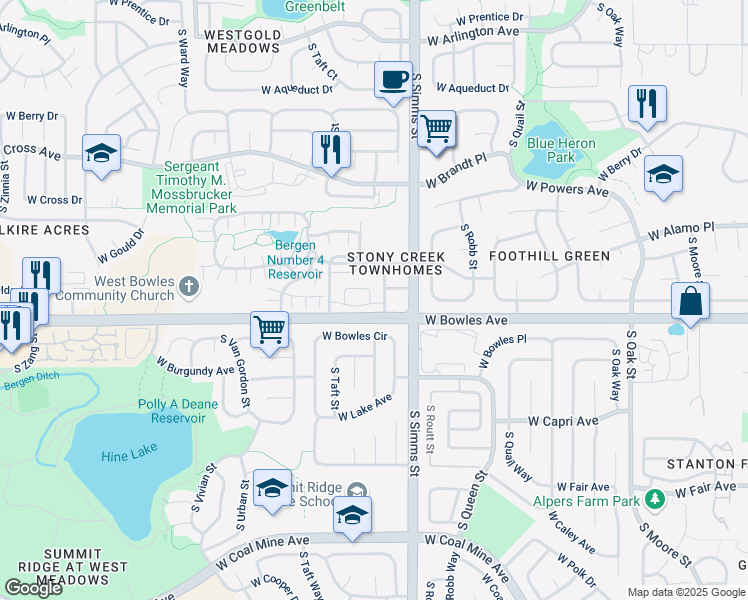 map of restaurants, bars, coffee shops, grocery stores, and more near 11245 West Bowles Avenue in Littleton