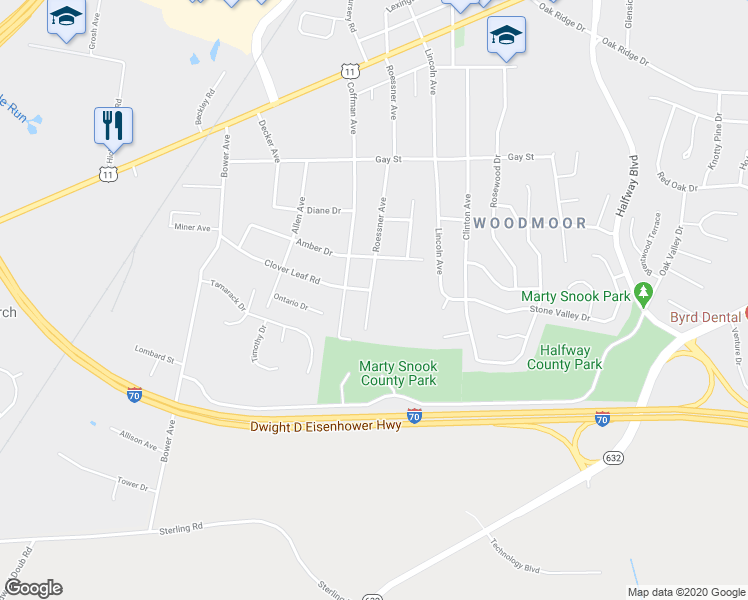 map of restaurants, bars, coffee shops, grocery stores, and more near 10817 Roessner Avenue in Hagerstown