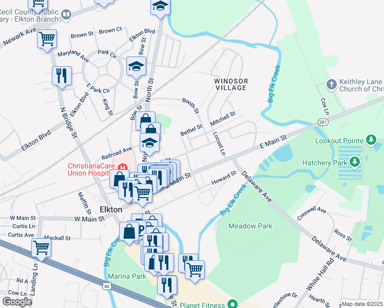 map of restaurants, bars, coffee shops, grocery stores, and more near 210 East High Street in Elkton
