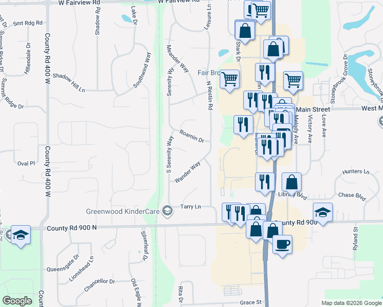 map of restaurants, bars, coffee shops, grocery stores, and more near 59 Idleway Court in Greenwood