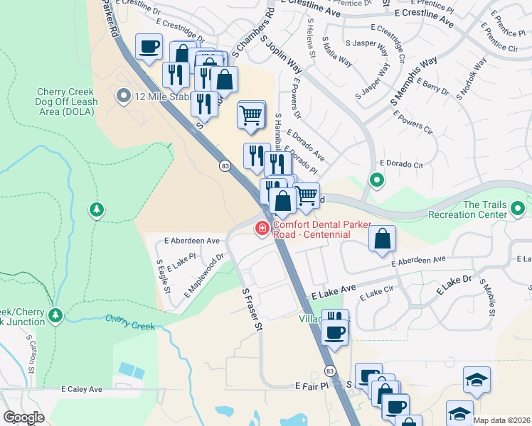 map of restaurants, bars, coffee shops, grocery stores, and more near E Orchard Rd & S Parker Rd in Aurora