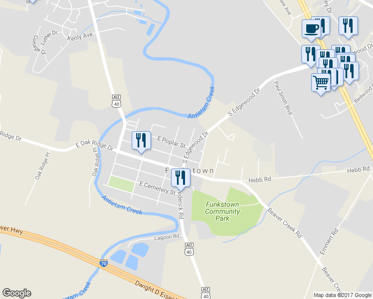 map of restaurants, bars, coffee shops, grocery stores, and more near 601 South Edgewood Drive in Hagerstown