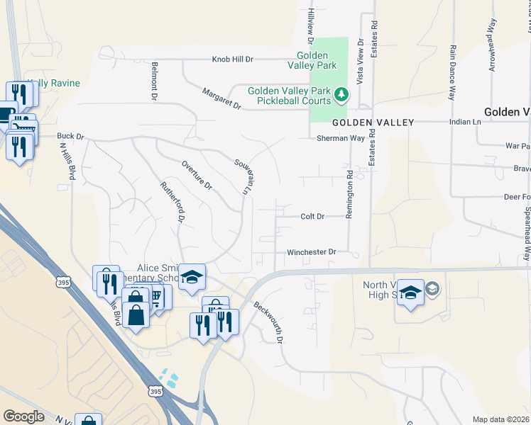 map of restaurants, bars, coffee shops, grocery stores, and more near 7215 Marlin Drive in Reno