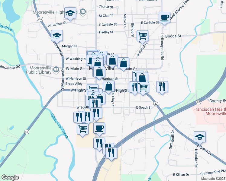 map of restaurants, bars, coffee shops, grocery stores, and more near 300 South Clay Street in Mooresville