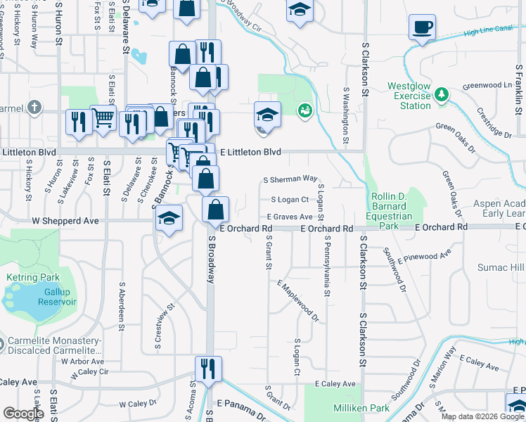 map of restaurants, bars, coffee shops, grocery stores, and more near 5888 South Sherman Way in Centennial