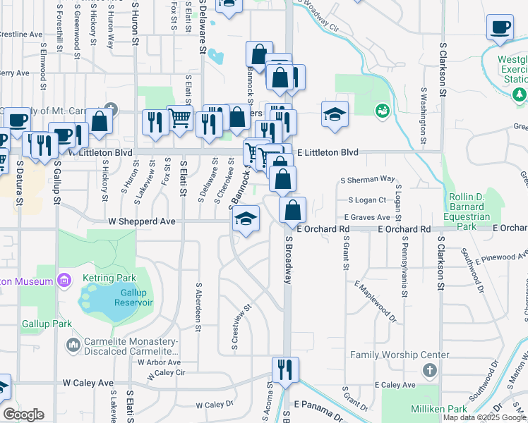 map of restaurants, bars, coffee shops, grocery stores, and more near 58 West Broadmoor Drive in Littleton