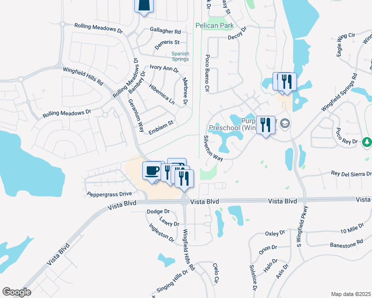 map of restaurants, bars, coffee shops, grocery stores, and more near 2360 Wingfield Hills Road in Sparks