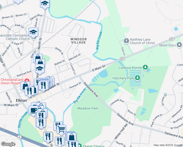 map of restaurants, bars, coffee shops, grocery stores, and more near 256 Maryland 281 in Elkton
