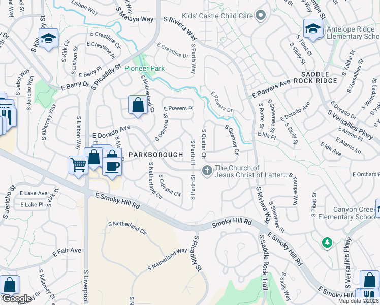 map of restaurants, bars, coffee shops, grocery stores, and more near 5849 South Perth Place in Centennial