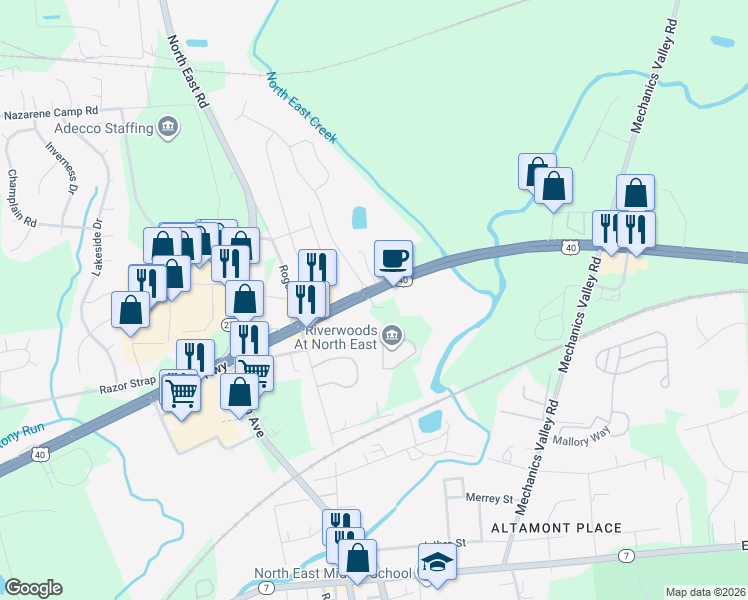 map of restaurants, bars, coffee shops, grocery stores, and more near 2256 Pulaski Highway in North East