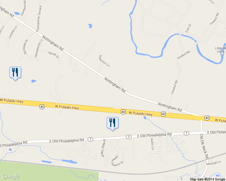 map of restaurants, bars, coffee shops, grocery stores, and more near 1120 Nottingham Road in Elkton