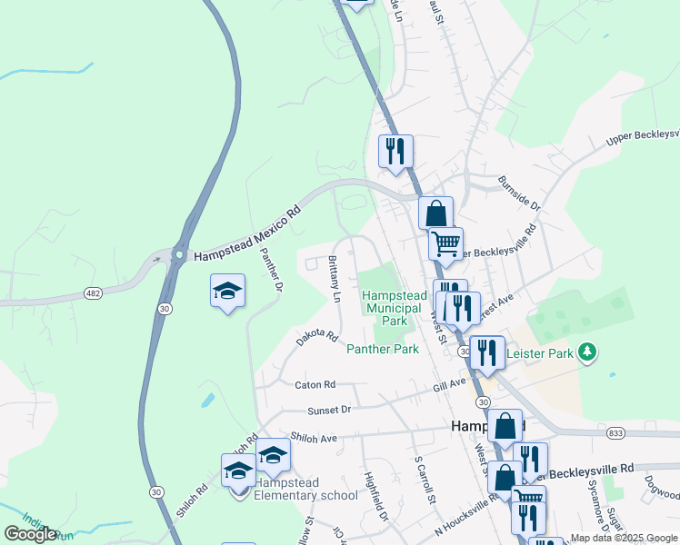 map of restaurants, bars, coffee shops, grocery stores, and more near 3937 Brittany Lane in Hampstead