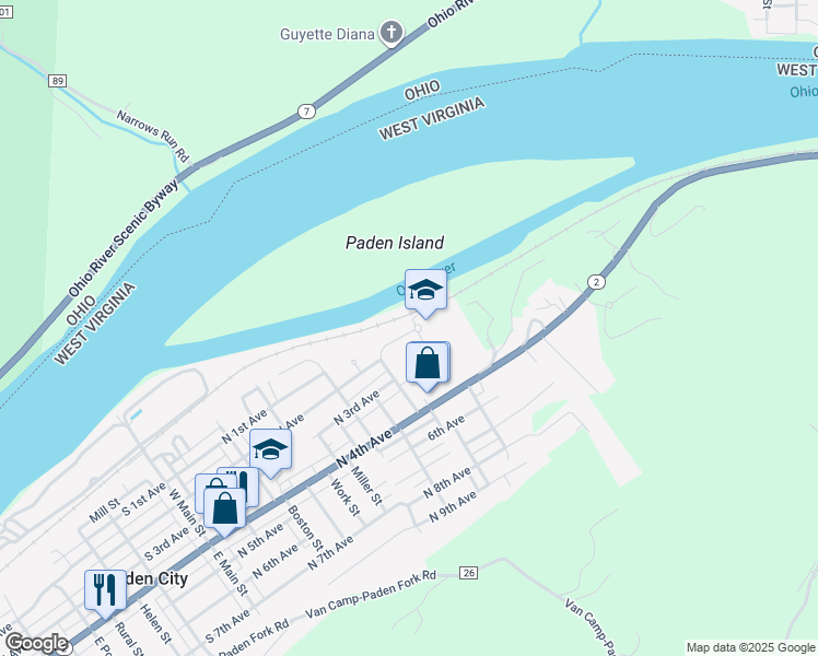 map of restaurants, bars, coffee shops, grocery stores, and more near 511 North 2nd Avenue in Paden City