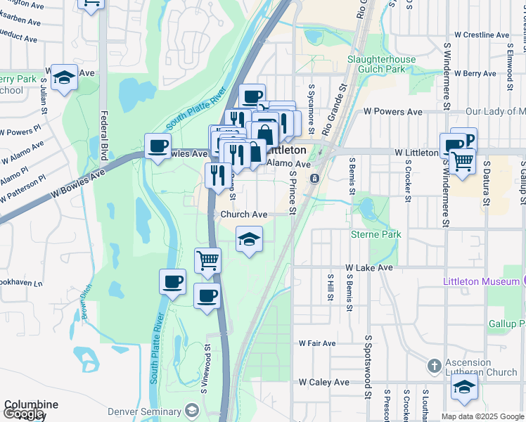 map of restaurants, bars, coffee shops, grocery stores, and more near 2530 Church Avenue in Littleton