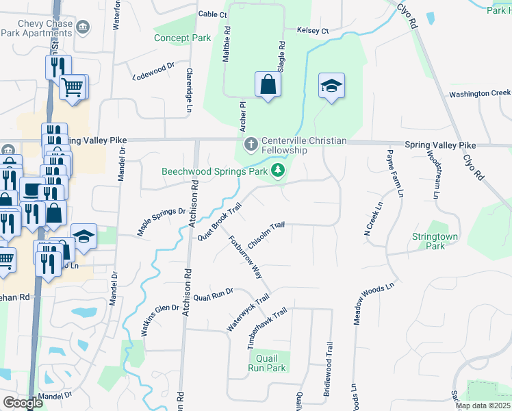 map of restaurants, bars, coffee shops, grocery stores, and more near 9563 Warm Springs Court in Dayton