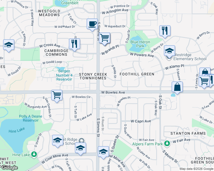 map of restaurants, bars, coffee shops, grocery stores, and more near 11455 West Patterson Place in Littleton