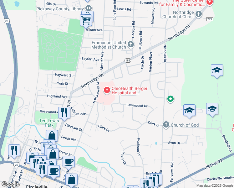map of restaurants, bars, coffee shops, grocery stores, and more near 515 Lawnwood Court in Circleville