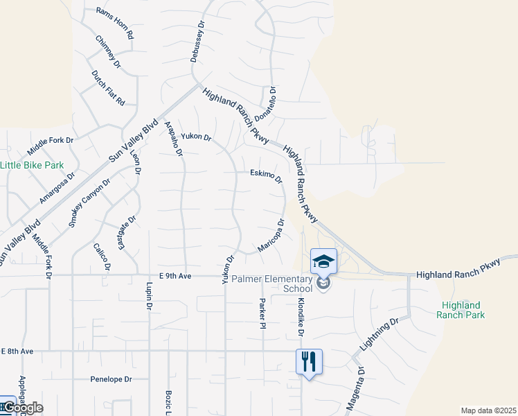 map of restaurants, bars, coffee shops, grocery stores, and more near 6467 Edisto Court in Sun Valley
