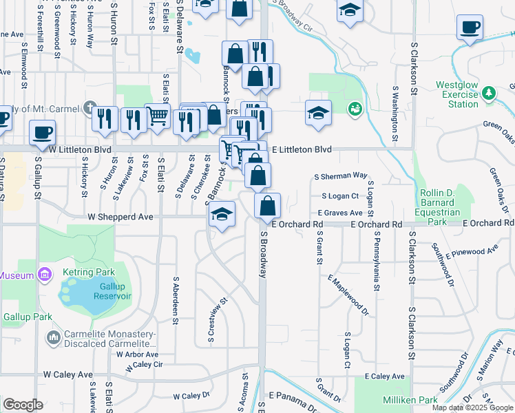 map of restaurants, bars, coffee shops, grocery stores, and more near 5869 South Broadway in Littleton