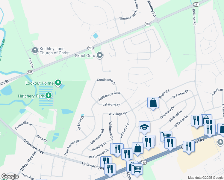 map of restaurants, bars, coffee shops, grocery stores, and more near 416 Melbourne Boulevard in Elkton