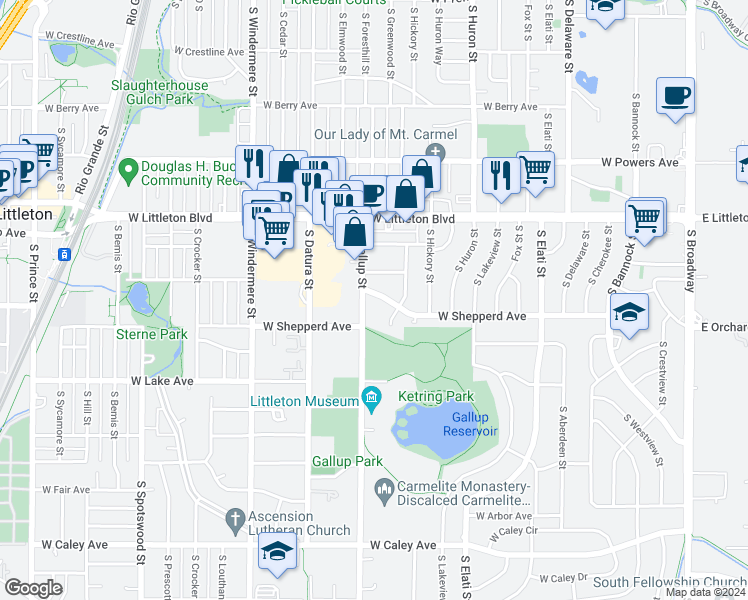 map of restaurants, bars, coffee shops, grocery stores, and more near 1164 West Shepperd Avenue in Littleton