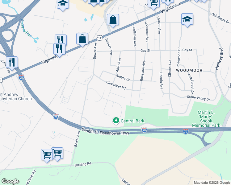 map of restaurants, bars, coffee shops, grocery stores, and more near 17312 Ontario Dr in Hagerstown