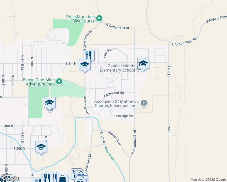 map of restaurants, bars, coffee shops, grocery stores, and more near 1535 Sagewood Road in Price