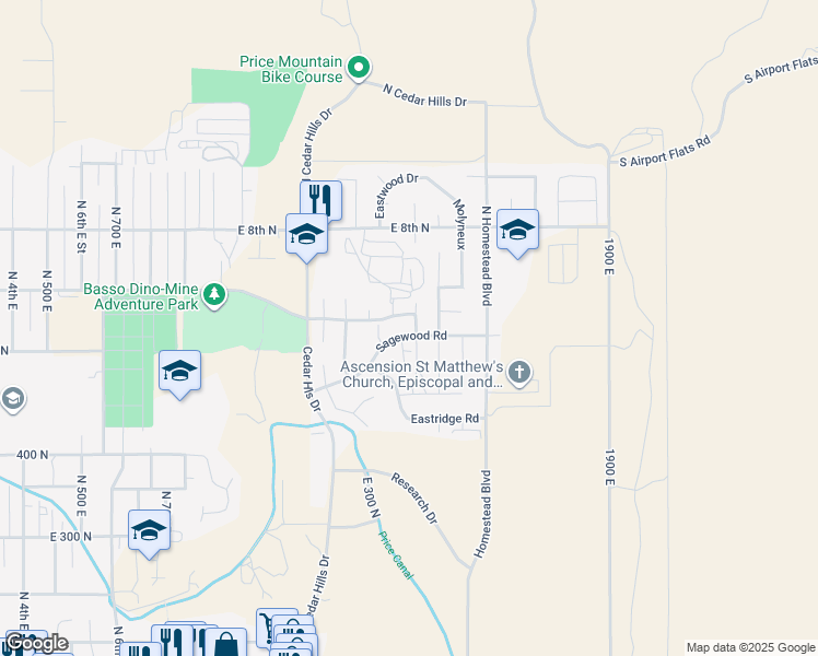 map of restaurants, bars, coffee shops, grocery stores, and more near 1535 Sagewood Road in Price