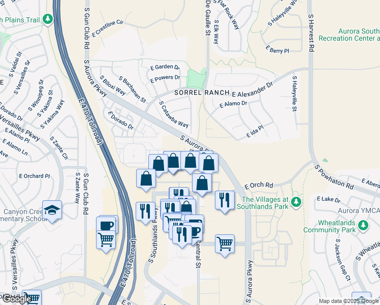 map of restaurants, bars, coffee shops, grocery stores, and more near South Aurora Parkway in Aurora