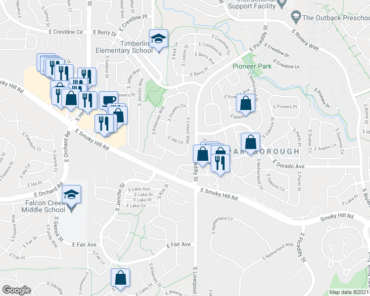 map of restaurants, bars, coffee shops, grocery stores, and more near 5828 South Lisbon Way in Centennial