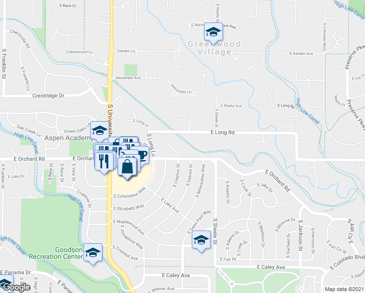 map of restaurants, bars, coffee shops, grocery stores, and more near 5870 South Clayton Court in Greenwood Village