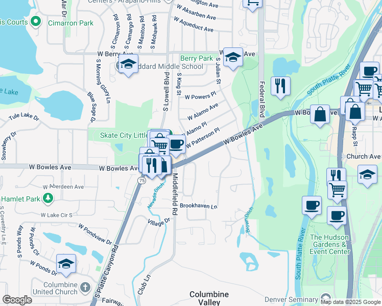map of restaurants, bars, coffee shops, grocery stores, and more near 3533 South Julian Street in Littleton