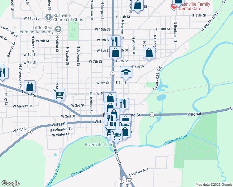 map of restaurants, bars, coffee shops, grocery stores, and more near 402 North Main Street in Rushville