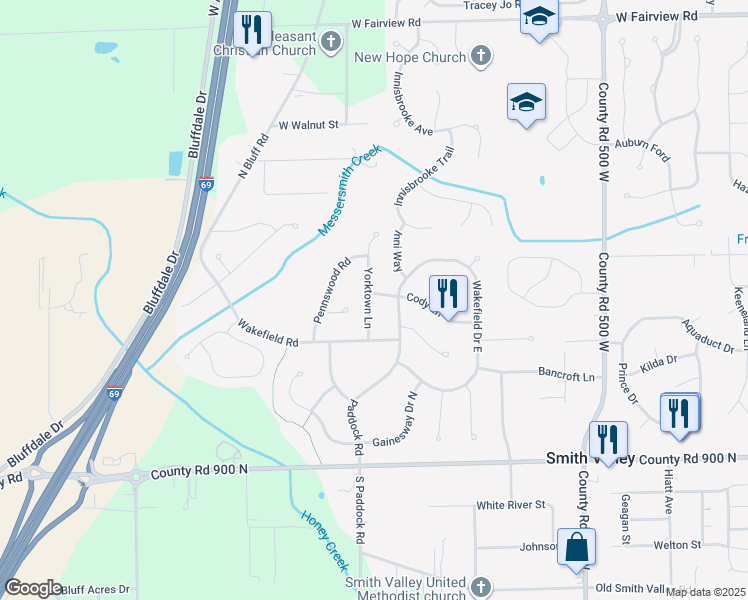 map of restaurants, bars, coffee shops, grocery stores, and more near 303 Fairfax Lane in Greenwood