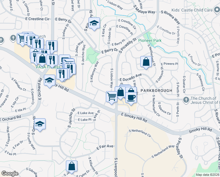 map of restaurants, bars, coffee shops, grocery stores, and more near 5828 South Lisbon Way in Centennial