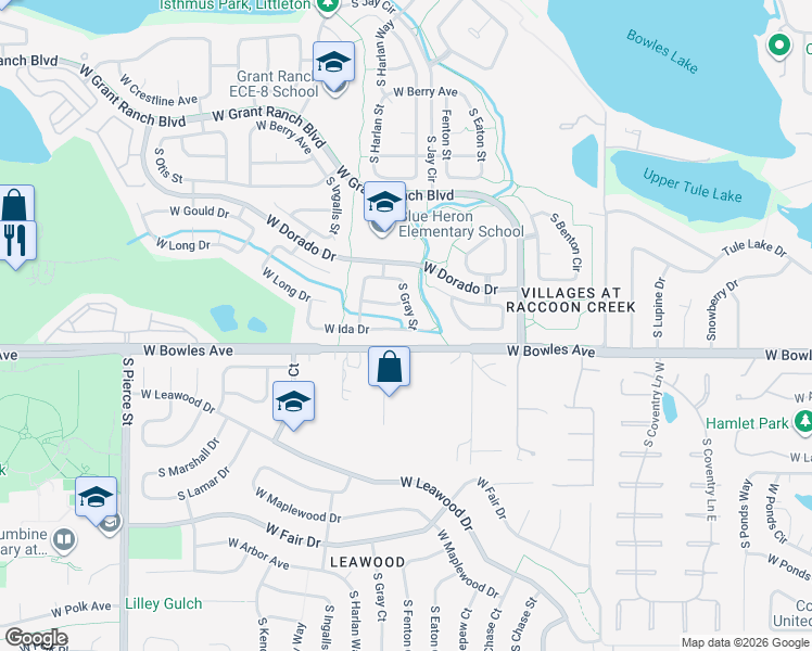 map of restaurants, bars, coffee shops, grocery stores, and more near 5873 S Gray St in Littleton