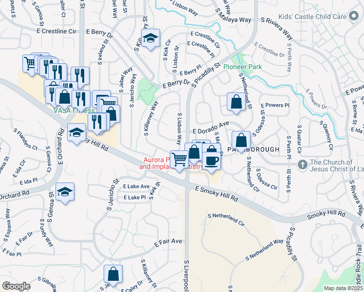 map of restaurants, bars, coffee shops, grocery stores, and more near 5828 South Lisbon Way in Centennial