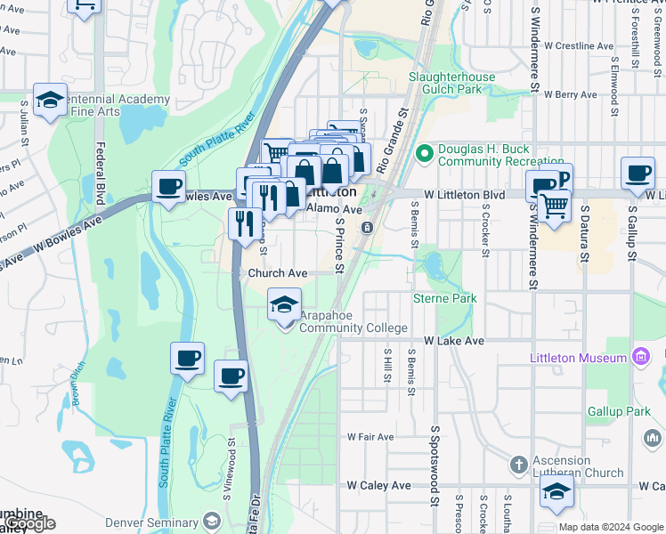 map of restaurants, bars, coffee shops, grocery stores, and more near 2453 Church Avenue in Littleton
