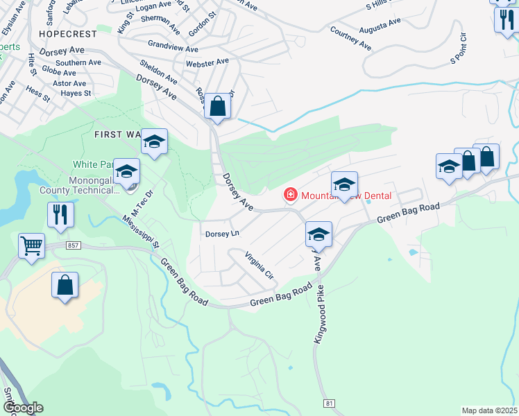 map of restaurants, bars, coffee shops, grocery stores, and more near 1305 Dorsey Avenue in Morgantown