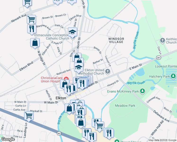map of restaurants, bars, coffee shops, grocery stores, and more near 145 East High Street in Elkton