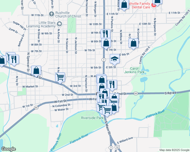 map of restaurants, bars, coffee shops, grocery stores, and more near 402 North Morgan Street in Rushville